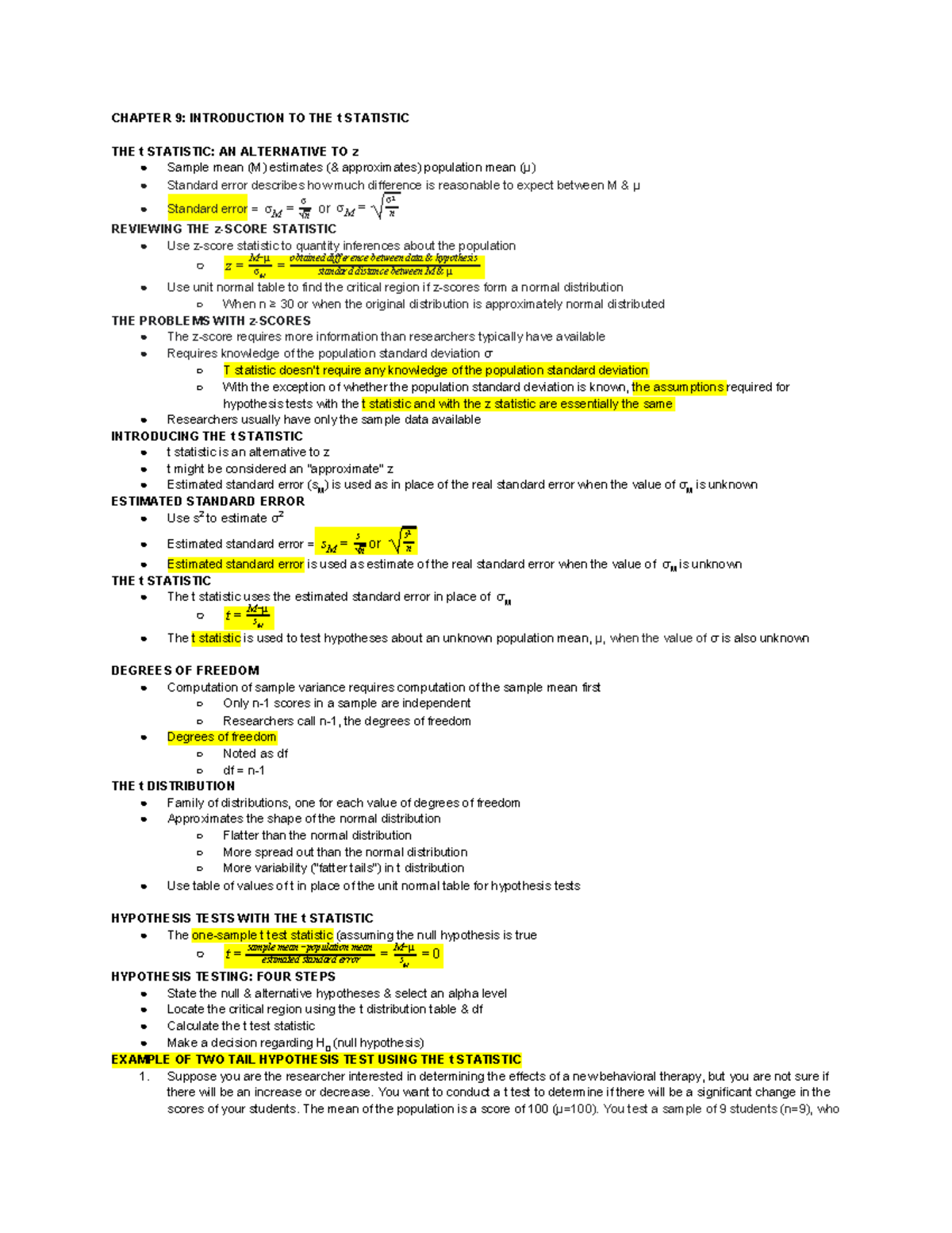 PSY 3234 Chp 9 Notes - CHAPTER 9: INTRODUCTION TO THE T STATISTIC THE T ...