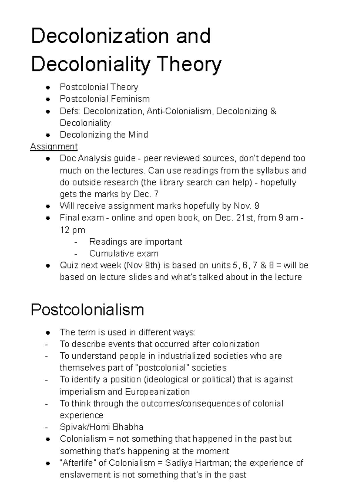 Readings And Lecture For Week 7 - Decolonization And Decoloniality ...