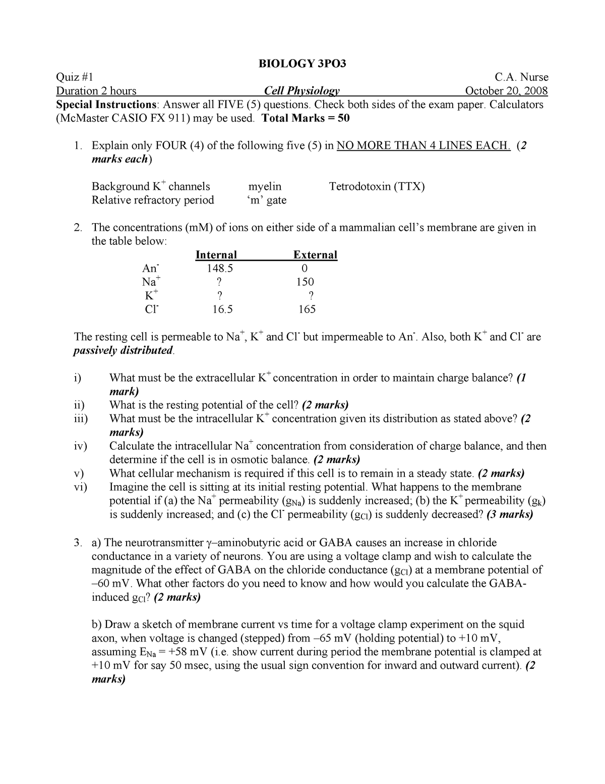 Exam 2008 Biology 3p03 Cell Physiology Studocu - 