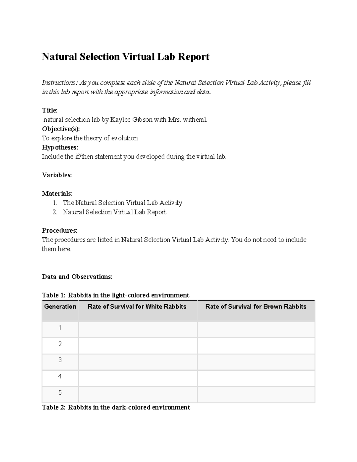 05 02 natural selection lab report - Natural Selection Virtual Lab ...