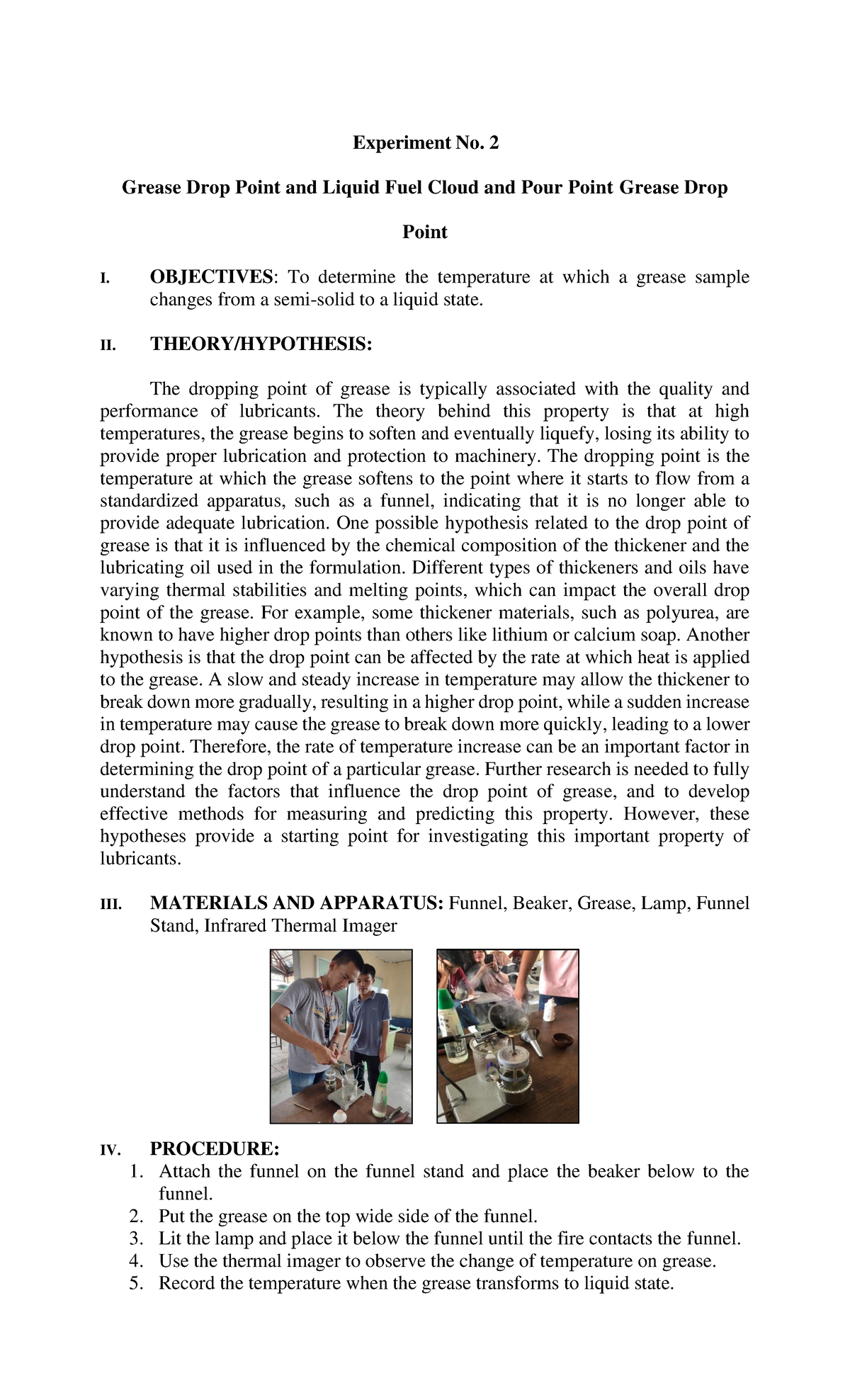 Experiment No. 2 Experiment No. 2 Grease Drop Point and Liquid Fuel