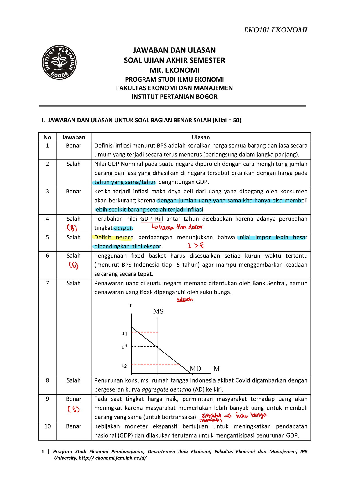 Jawaban UAS MK. Ekonomi - 1 | Program Studi Ekonomi Pembangunan ...