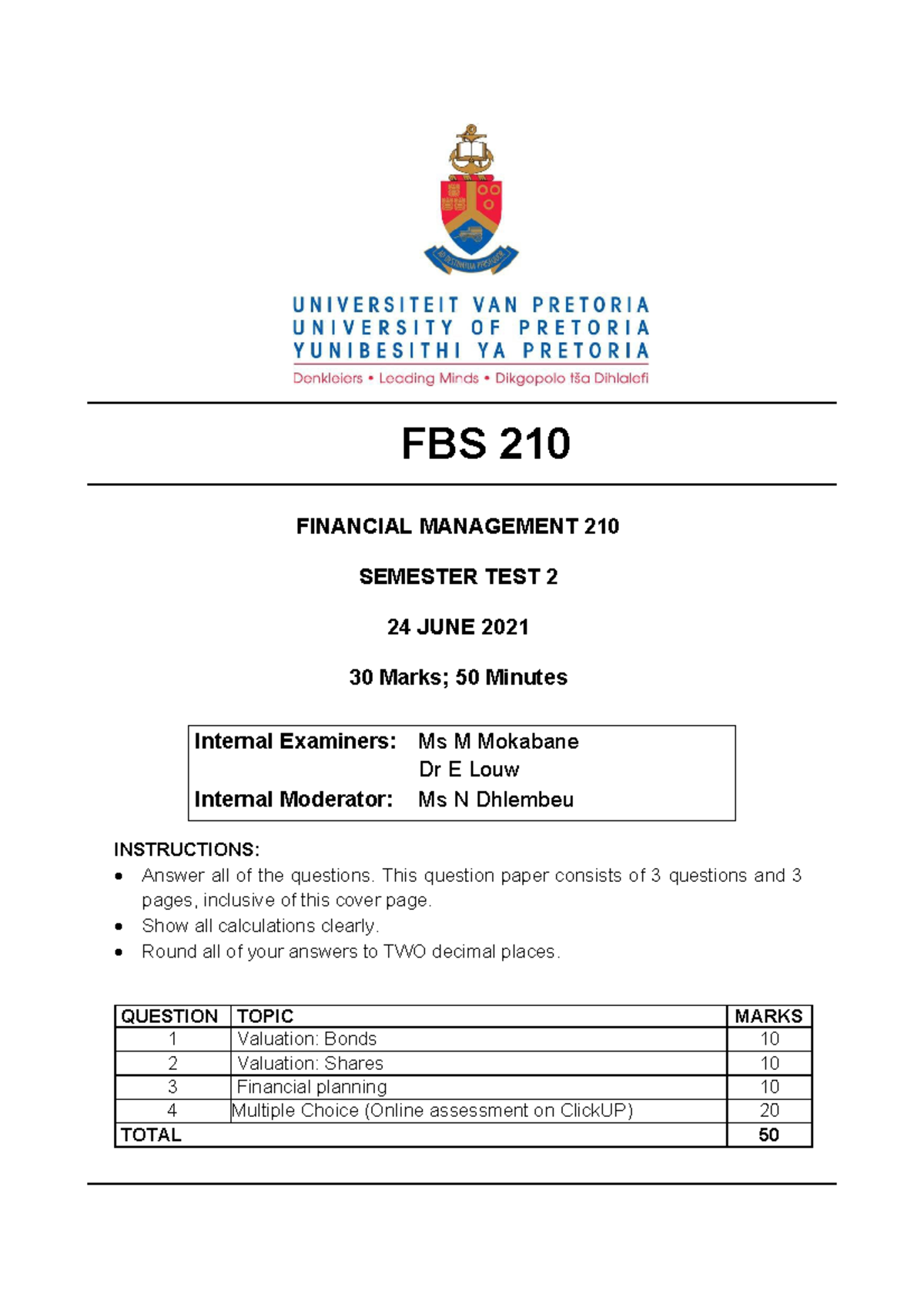 FBS 210 Semester Test 2 2021 ( Written) - FBS 210 FINANCIAL MANAGEMENT ...