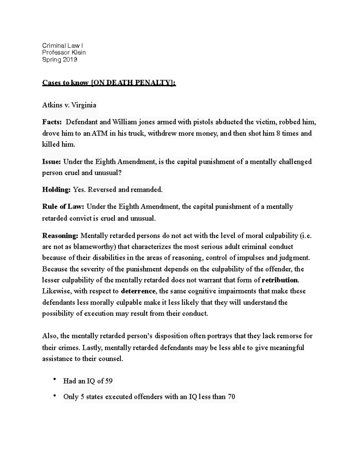 Cases to know [ON Death Penalty] - Criminal Law I Professor Klein ...