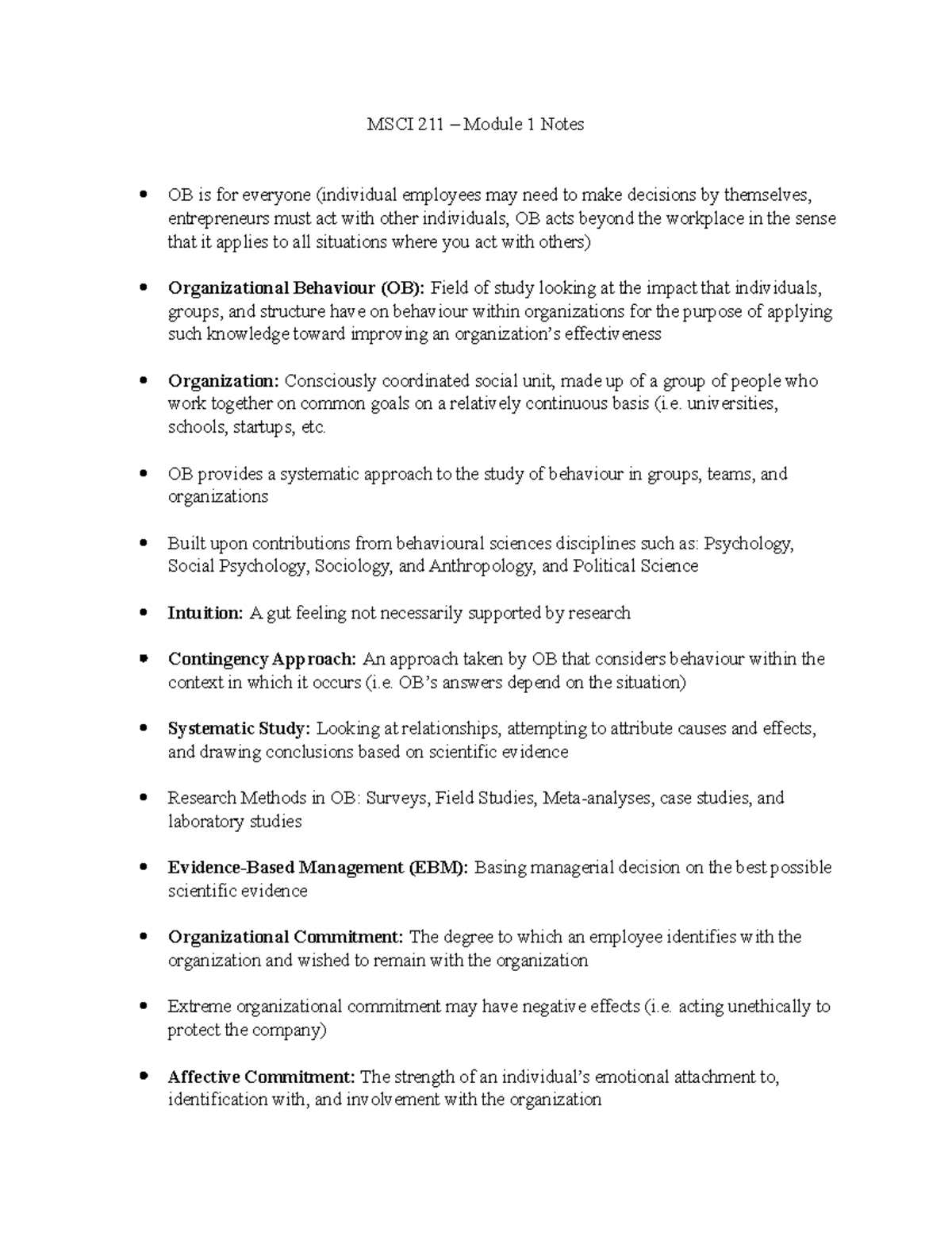 MSCI 211 - Module 1 Notes - MSCI 211 – Module 1 Notes OB Is For ...