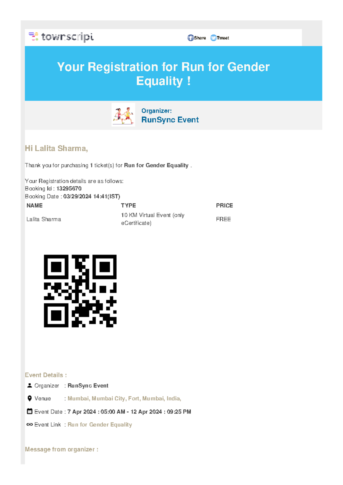 Ticket(s) For Run for Gender Equality - Your Registration details are ...