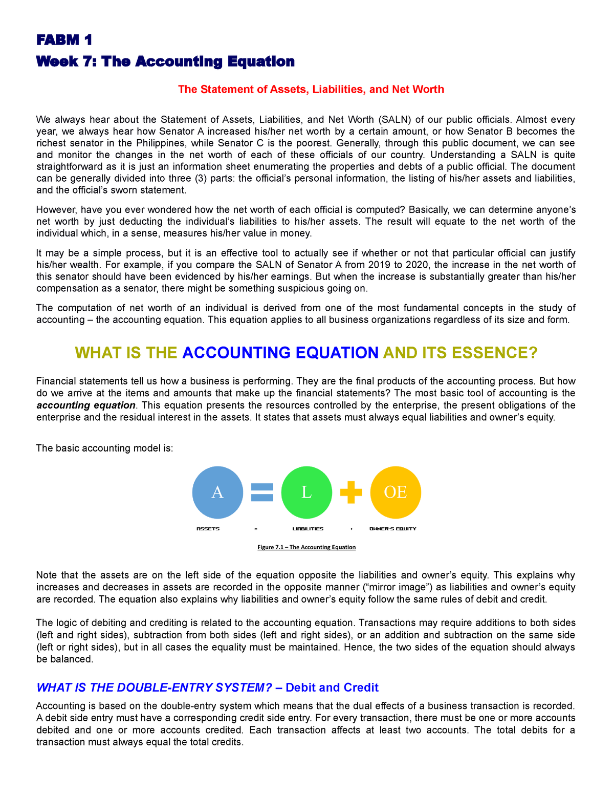 W7 - Week 2 Fabm Midterm - FABM 1 Week 7 : The Accounting Equation The ...