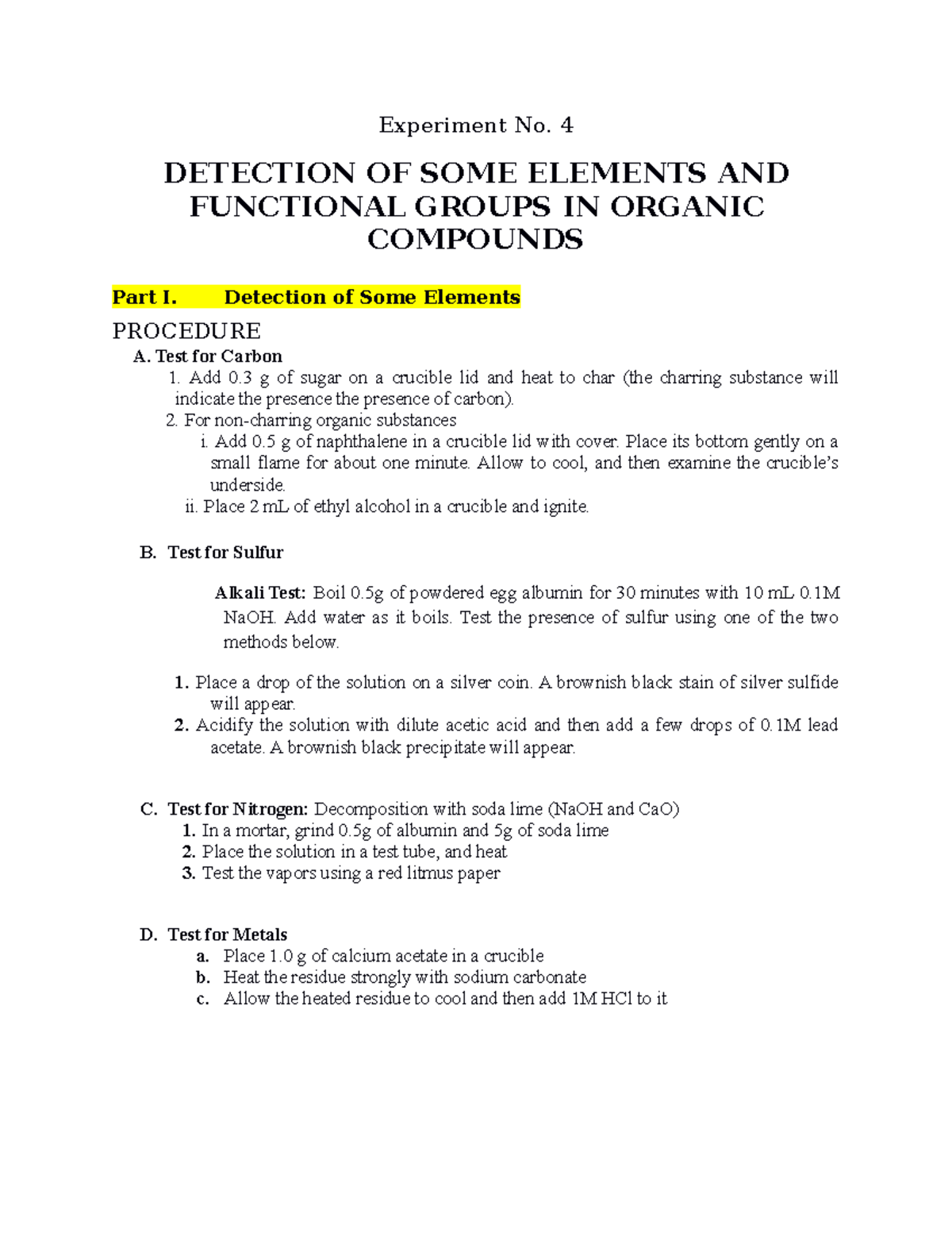 Experiment 4 Procedure & Data Sheet - Experiment No. 4 DETECTION OF ...