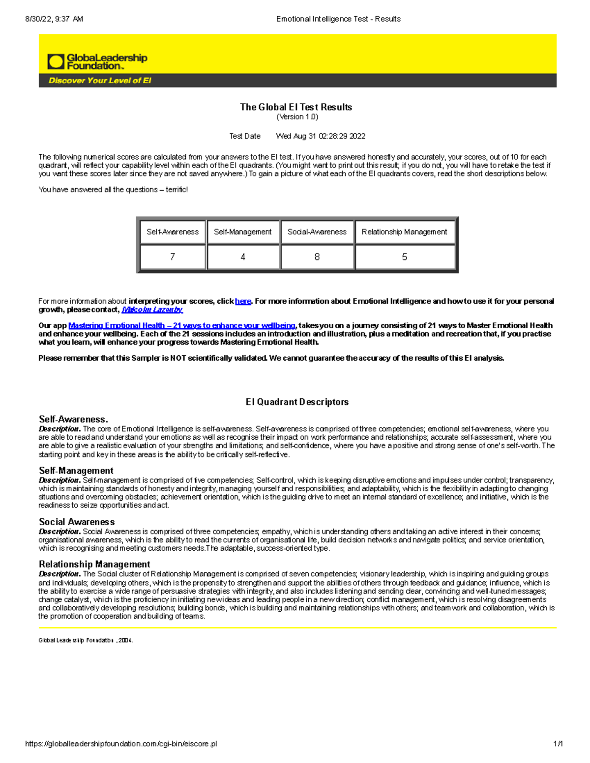 D082 Task 1 - EI Test Results - 8/30/22, 9:37 AM Emotional Intelligence ...