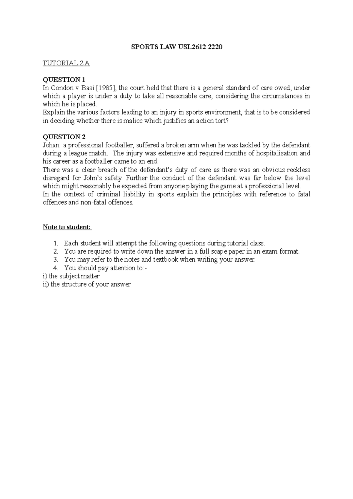 Tutorial 2A - all da best - SPORTS LAW USL2612 2220 TUTORIAL 2 A ...