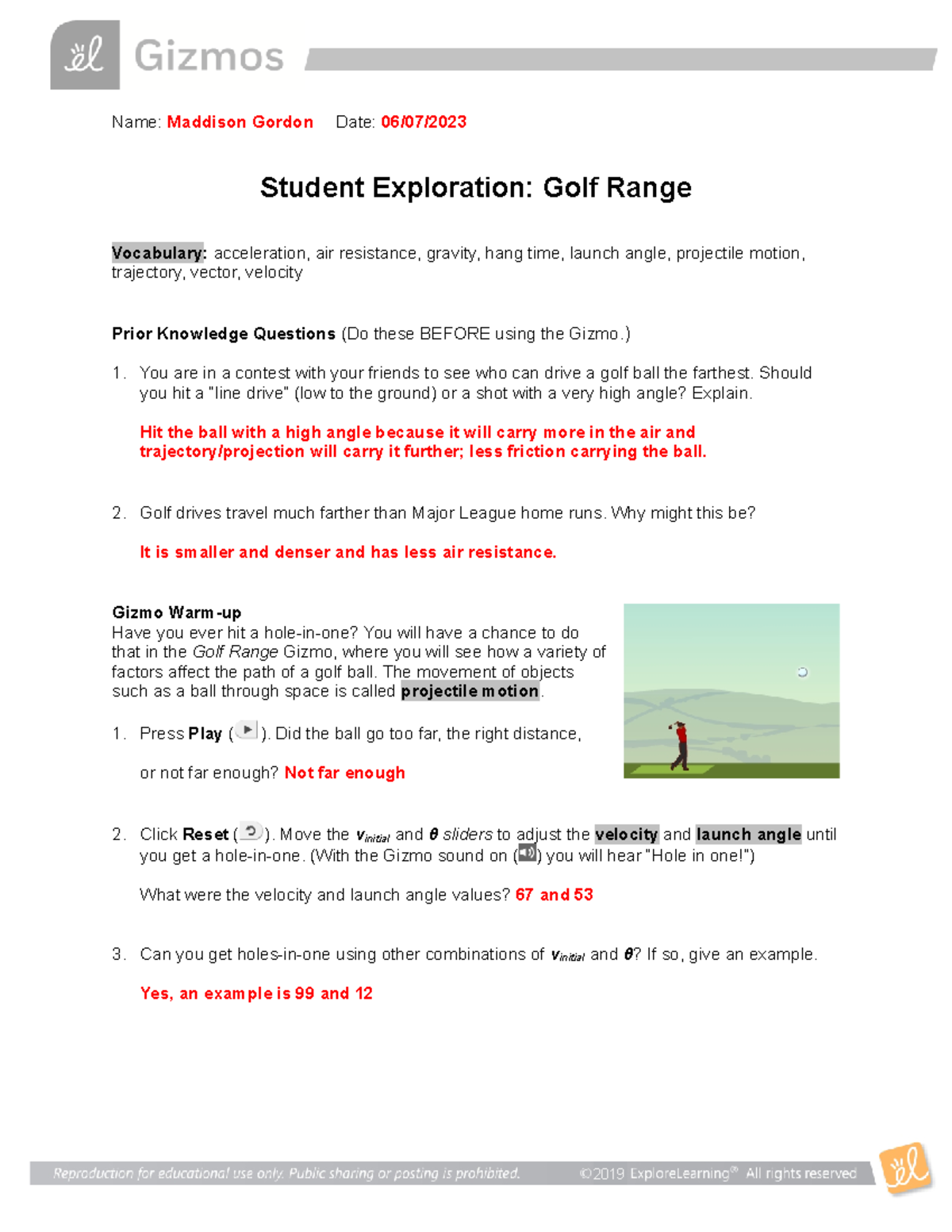 Golf Range SE - Online Physics Labwork - Name: Maddison Gordon Date: 06 ...