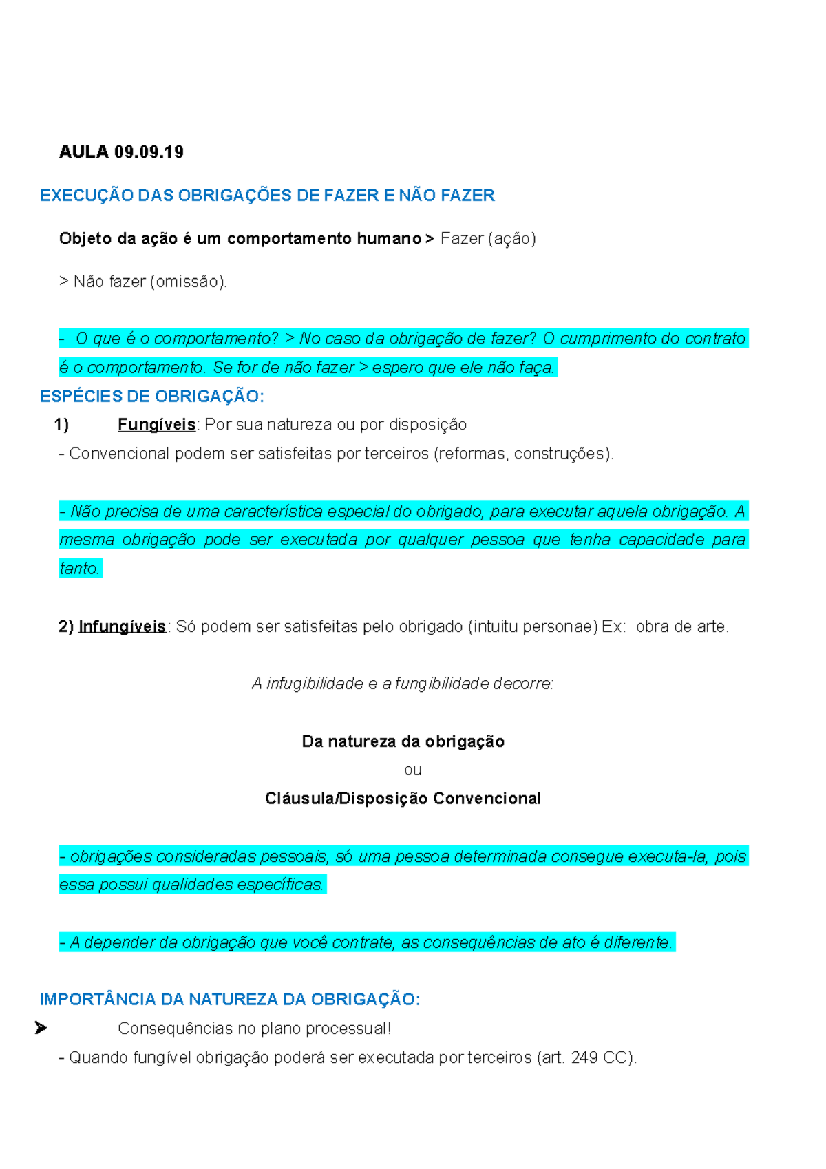 AULA 09 - ESPÉCIES DE OBRIGAÇÃO - AULA 09. EXECUÇÃO DAS OBRIGAÇÕES DE ...