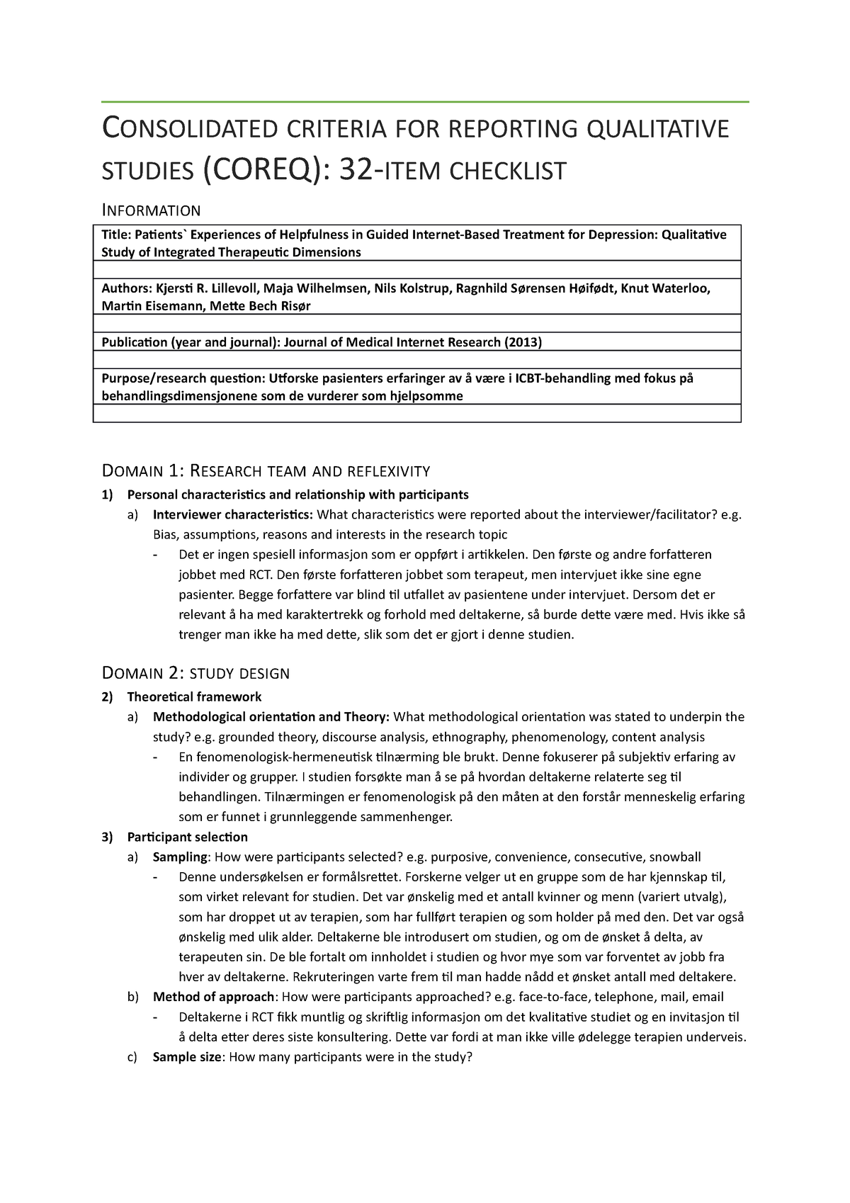 Sjekkliste Kvalitative Artikler - CONSOLIDATED CRITERIA FOR REPORTING ...