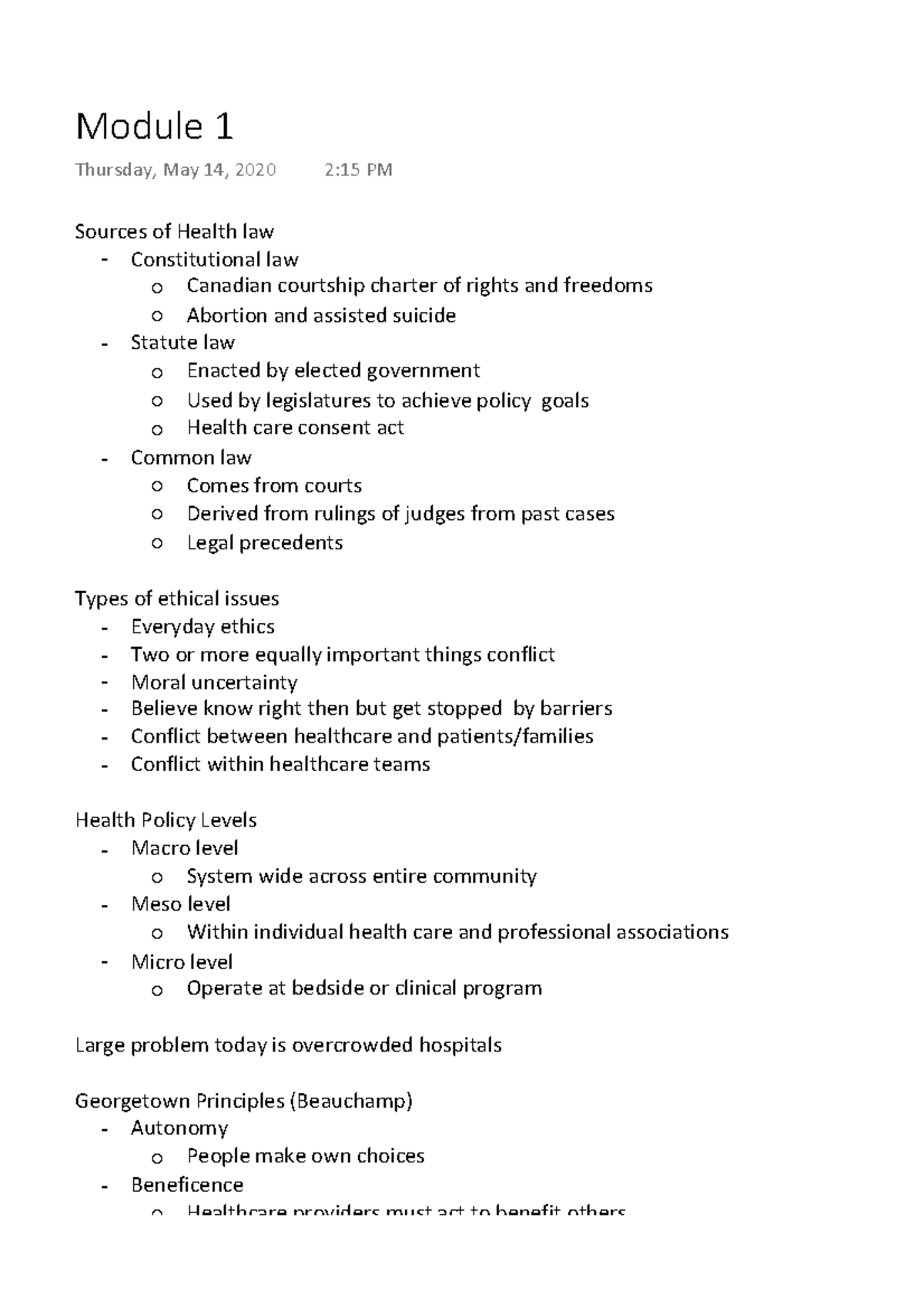 Module 1 intro notes Sources of Health law Constitutional law