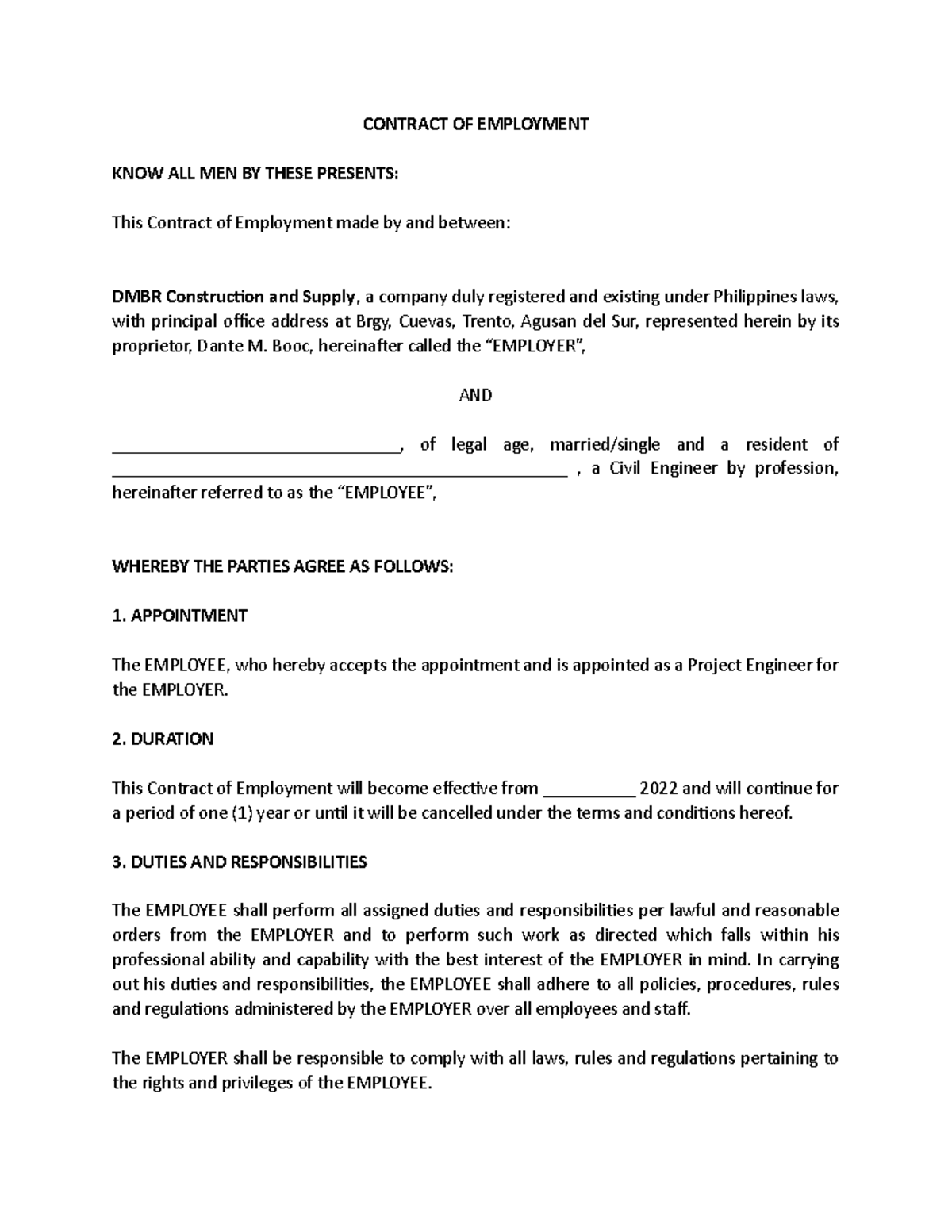 Contract-OF- Employment - CONTRACT OF EMPLOYMENT KNOW ALL MEN BY THESE ...