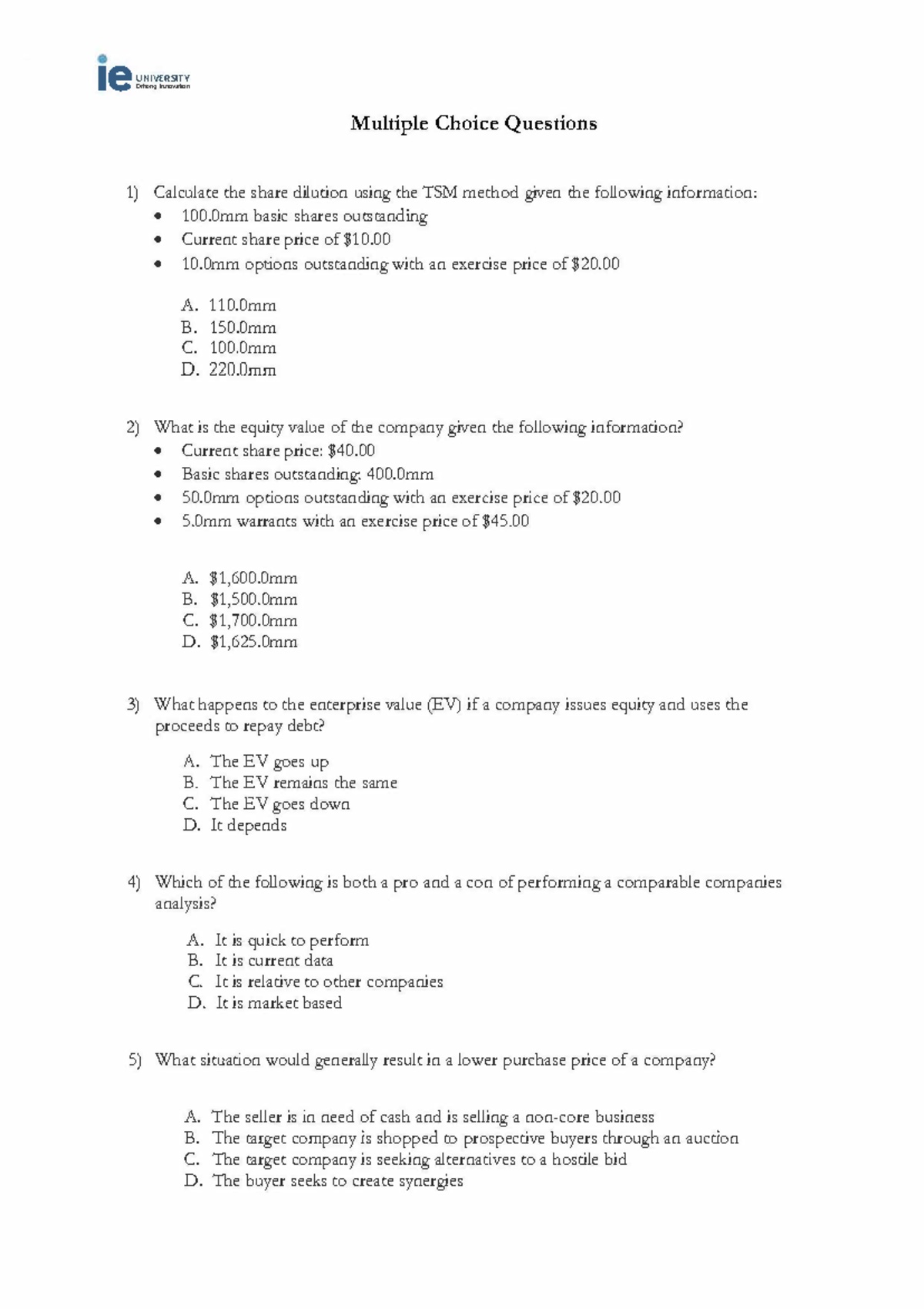 Mock Questions Multiple Choice - le UNIVERSITYDIMnglnno¥1doft Multiple ...