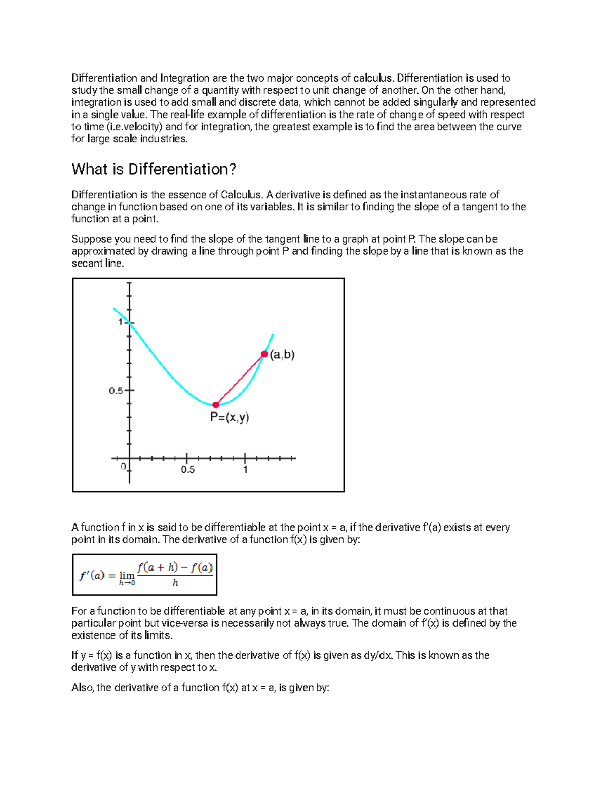 Math 1710 Derivatives and Integrals Differentiation and Integration