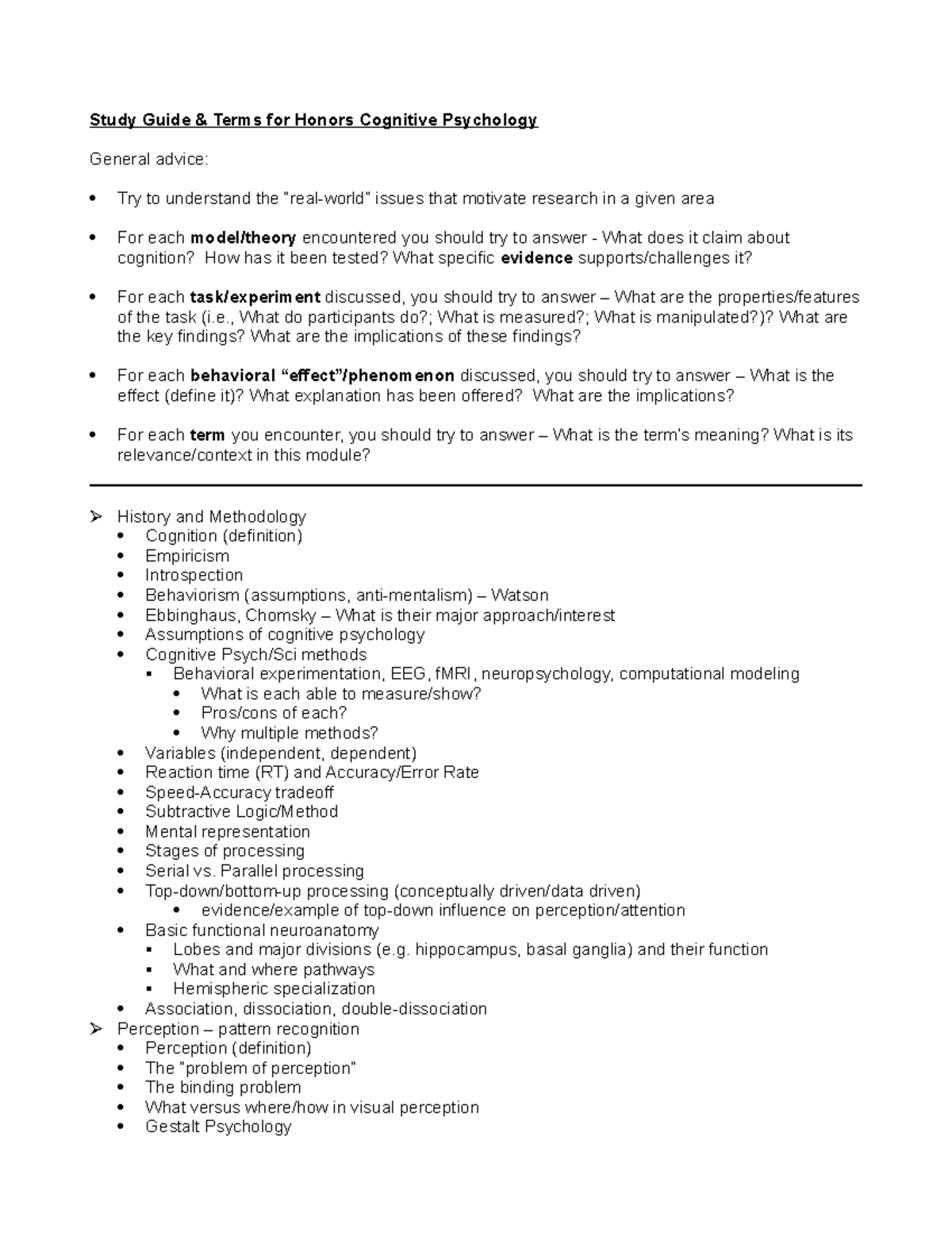 Study Guide Cog - Study Guide & Terms For Honors Cognitive Psychology ...