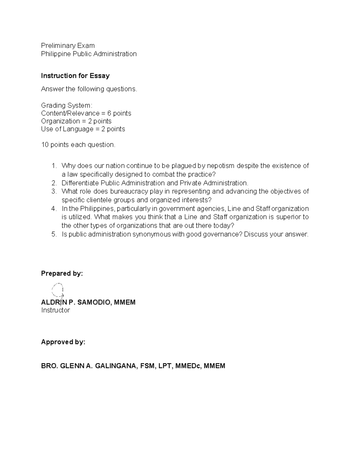 Preliminary Exam (Philippine Public Administration) - Preliminary Exam ...