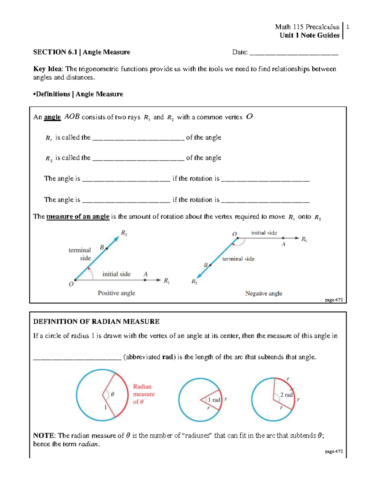 Unit 1 Note Guides 1 - Math 115 Precalculus Unit 1 Note Guides SECTION ...