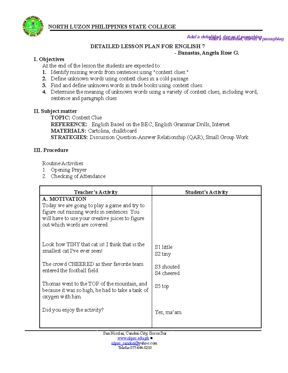 Lp5 Sm Context Clues Detailed Lesson Plan For English 7 Banastas