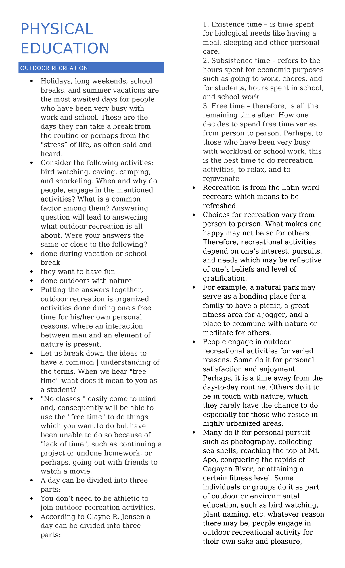 Physical Education - pe notes - PHYSICAL EDUCATION OUTDOOR RECREATION ...