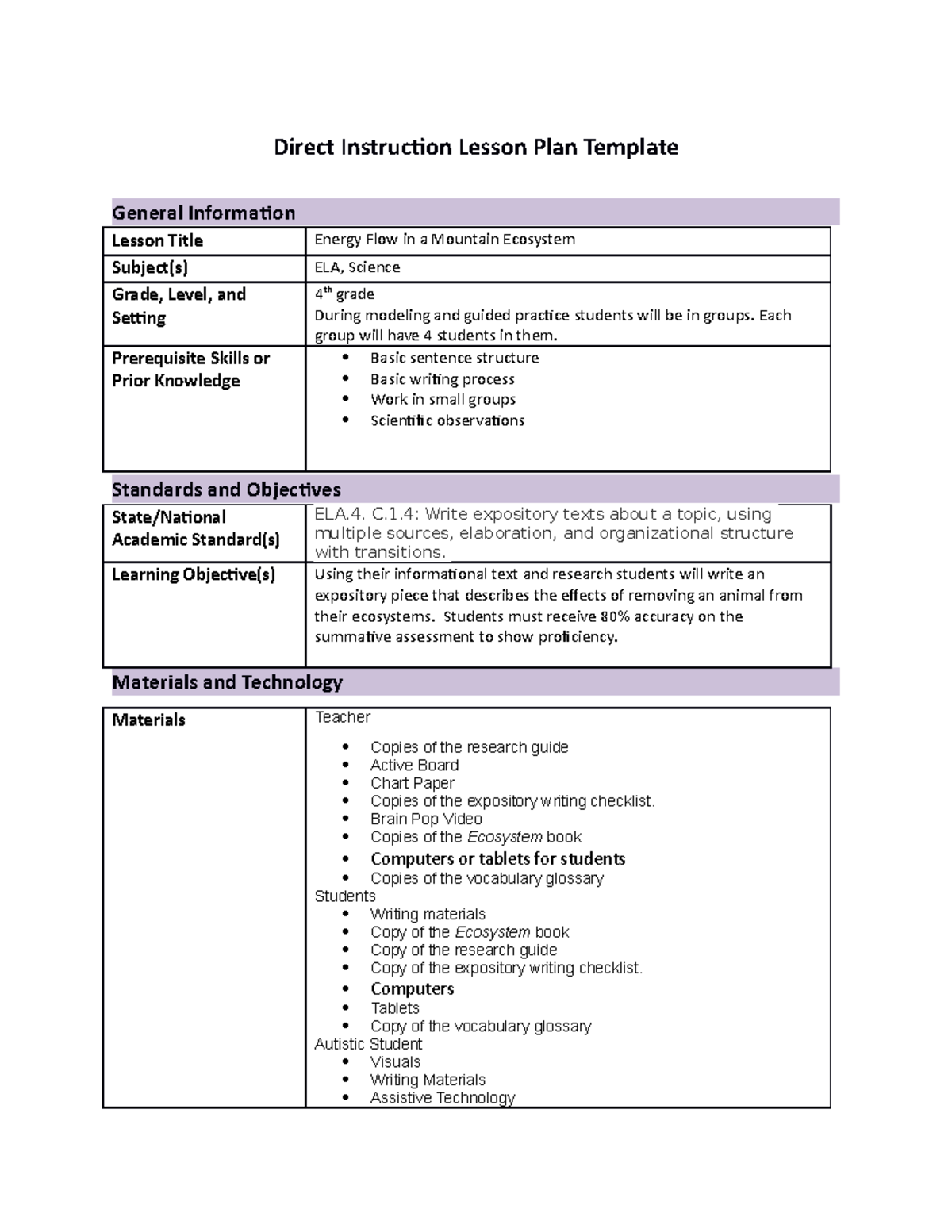 Ecosystems - lesson plan - Direct Instruction Lesson Plan Template ...