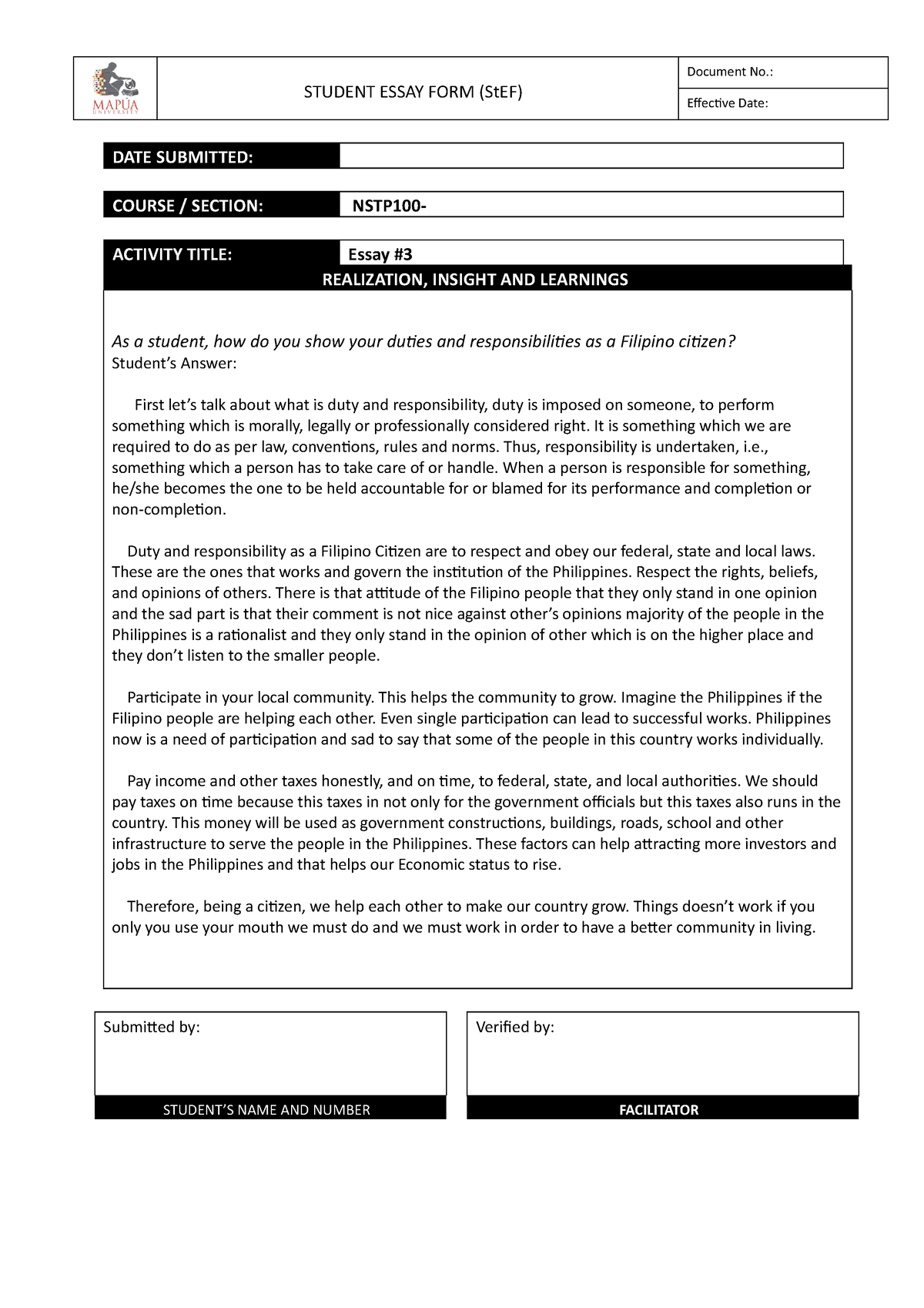 NSTP1 00 Essay #3 - Asd - STUDENT ESSAY FORM (StEF) Document No ...