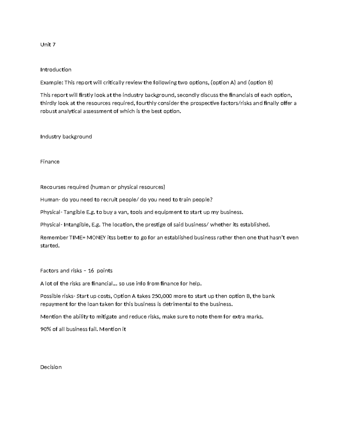 Unit 7 structure plan - Unit 7 Introduction Example: This report will ...
