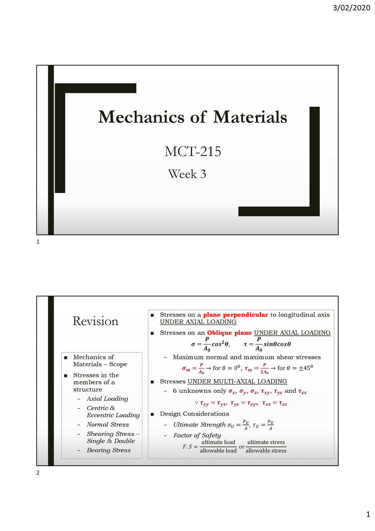 Week3-2020 - Lecture Slides - Mechanics Of Materials MCT- Week 3 ...