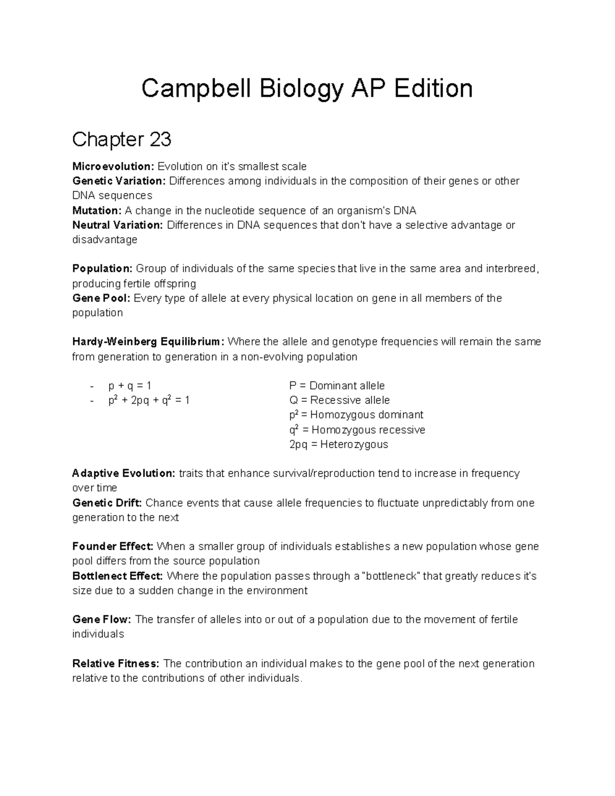 Ap Bio Unit 7 Notes Campbell Biology Ap Edition Chapter 23