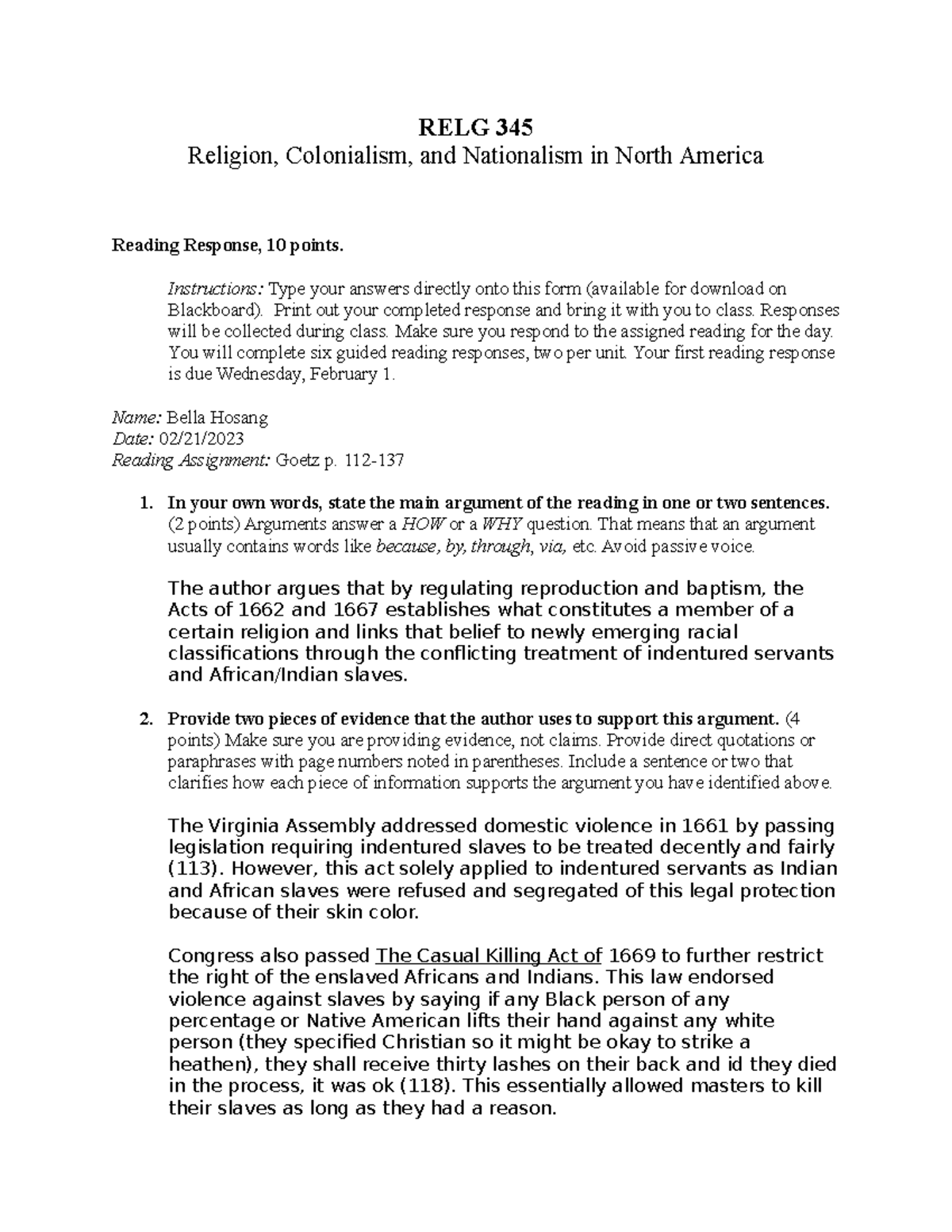 Reading Response #2 - RELG 345 Religion, Colonialism, and Nationalism ...