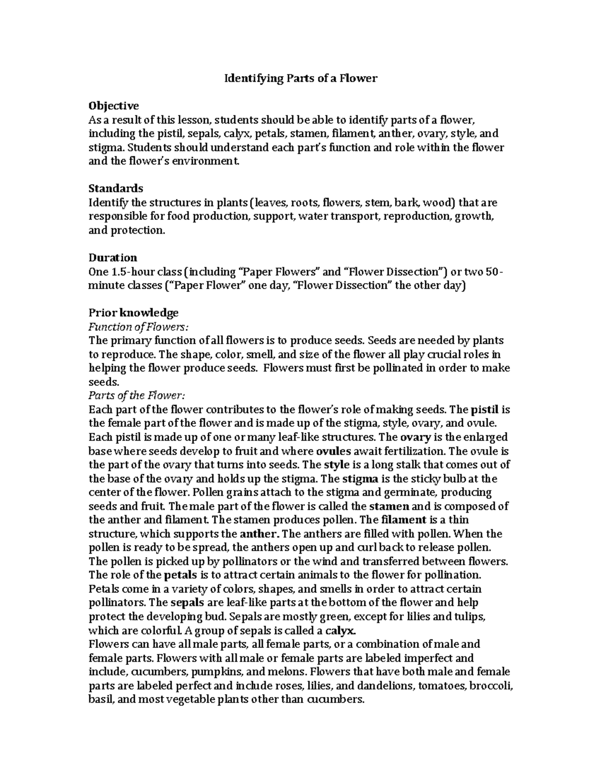 GWS parts of a flower curriculum 1 - Identifying Parts of a Flower ...