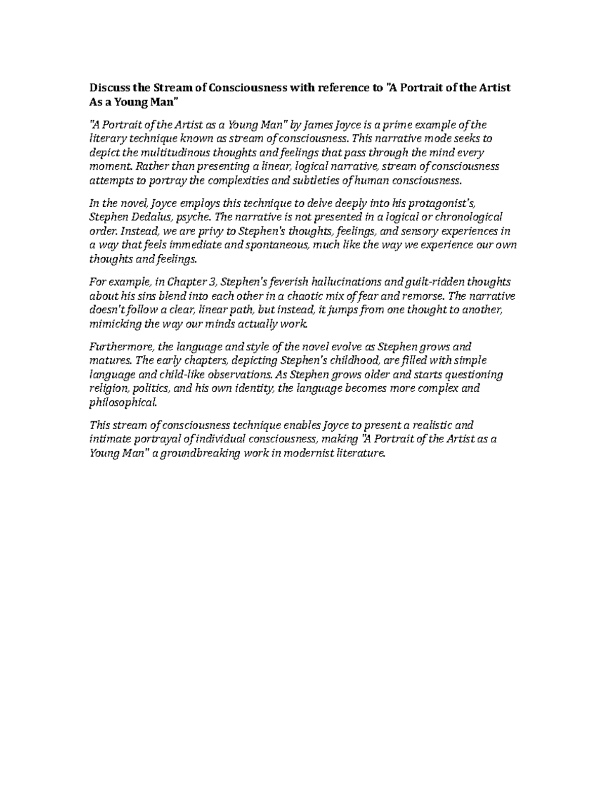 Discuss the Stream of Consciousness with reference to A Portrait of the ...