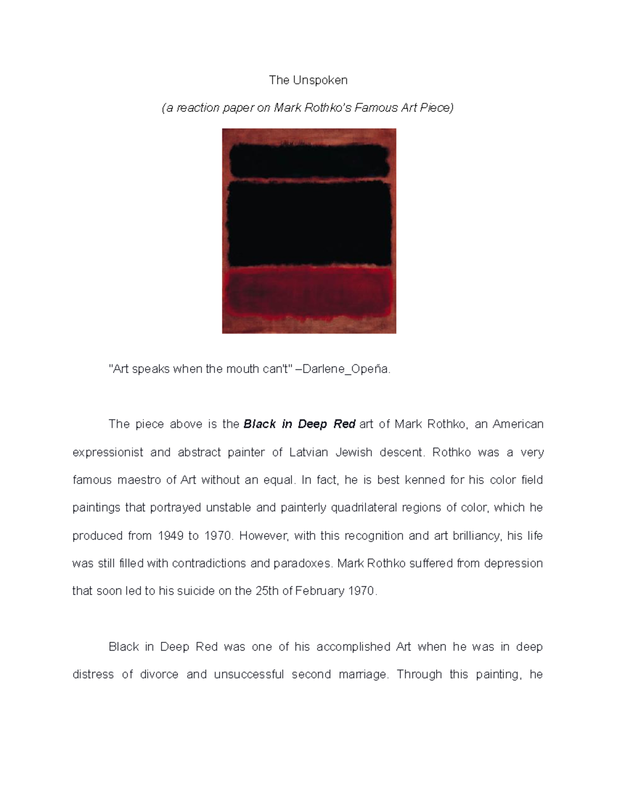 Appreciating Art Black in Deep Red ( An Essay) The Unspoken (a