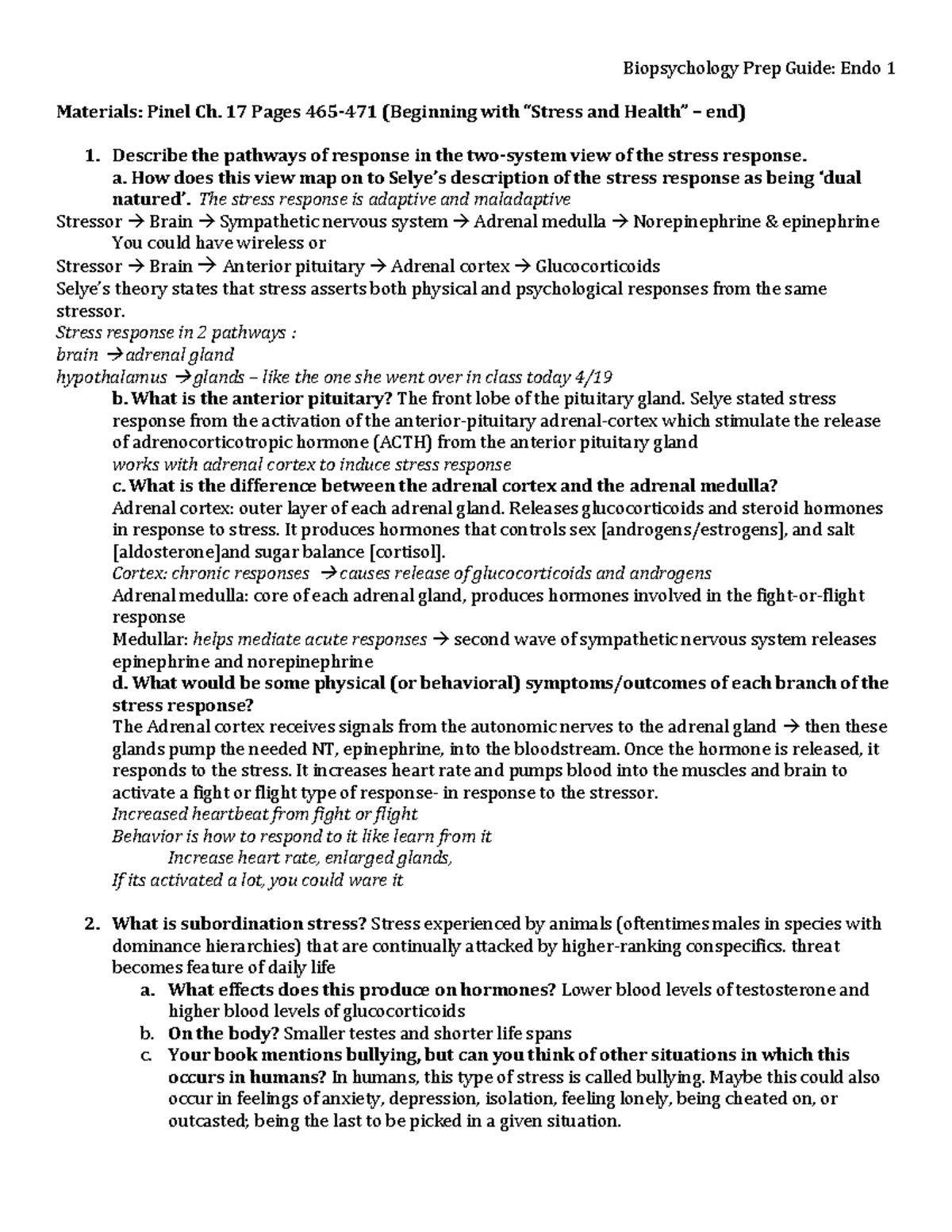 Endo 1 Reading Notes Biopsychology Prep Guide Endo 1 Materials