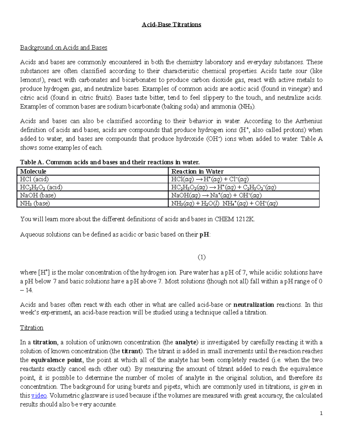 Titrations Lab Handout AcidBase Titrations Background on Acids and