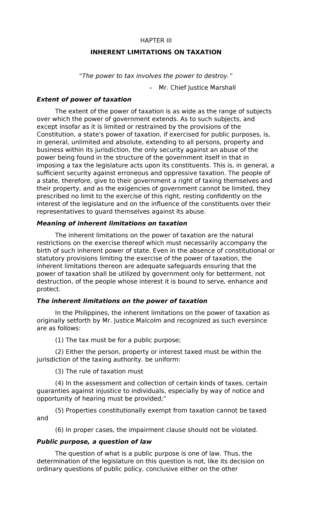 Chapter III - Income Taxation - HAPTER III INHERENT LIMITATIONS ON ...