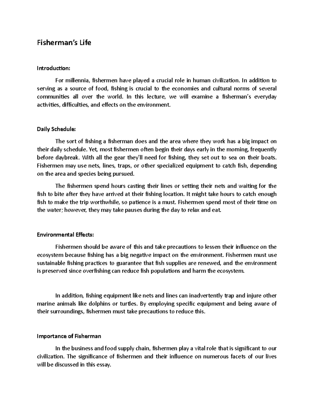Lecture Notes Fisherman Fisherman’s Life Introduction For