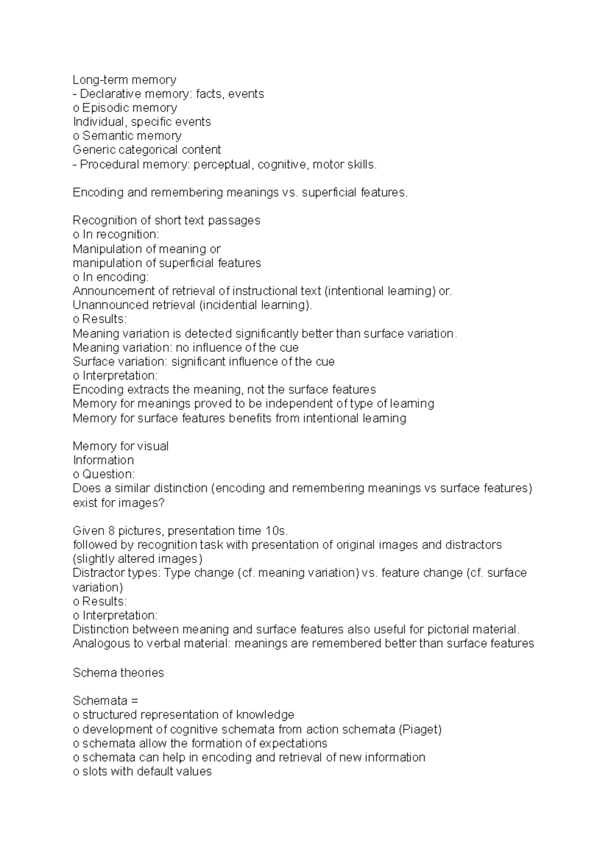 Long - Psycho Notes - Long-term memory Declarative memory: facts ...