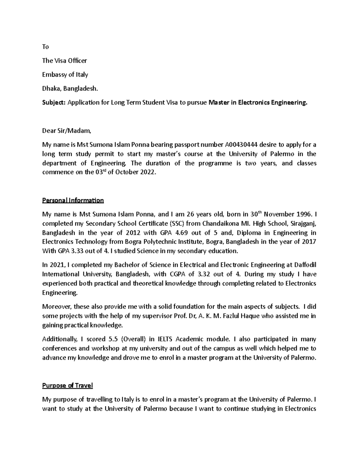 Cover letter ponna final - To The Visa Officer Embassy of Italy Dhaka ...