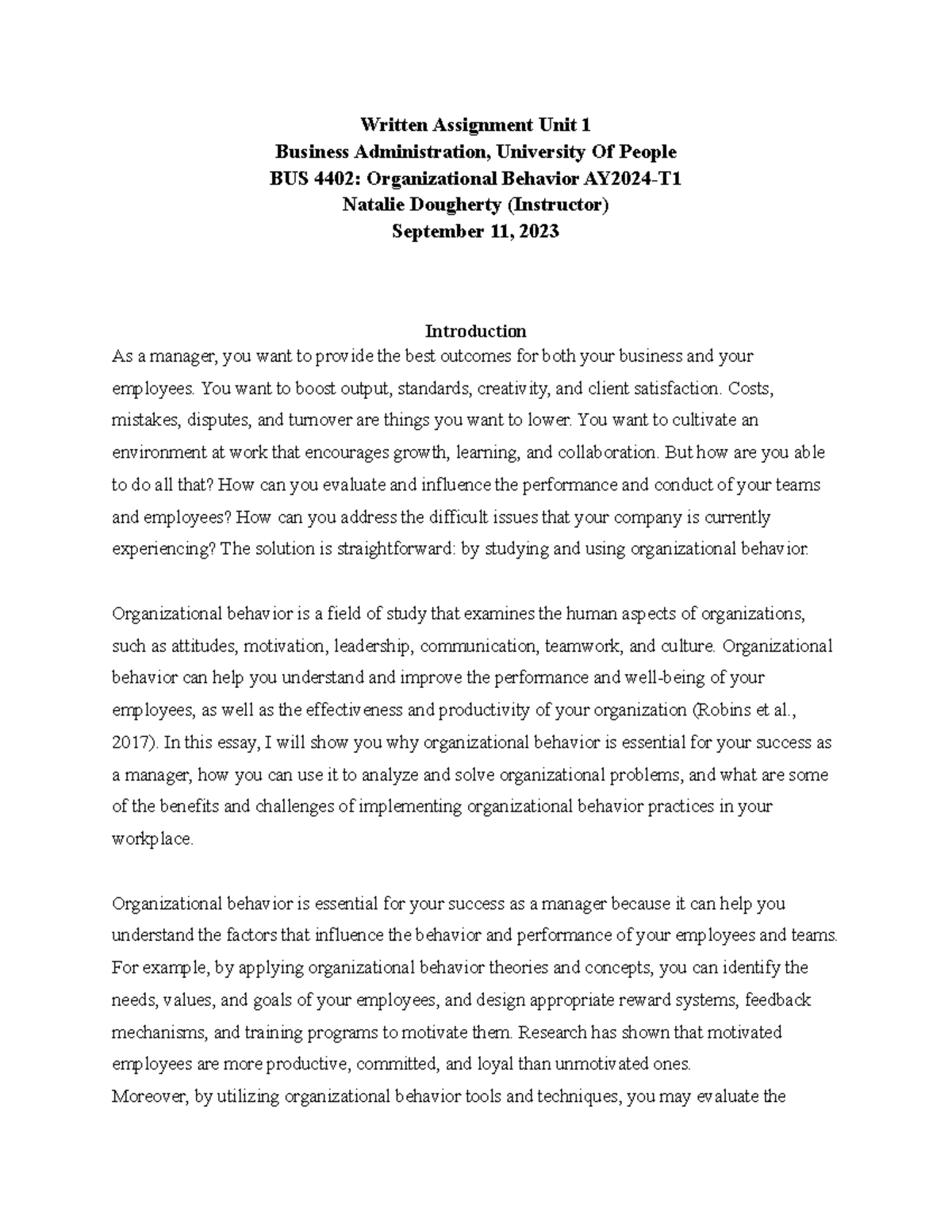 Unit 1 Written Assignment Bus 4402 Ob Written Assignment Unit 1