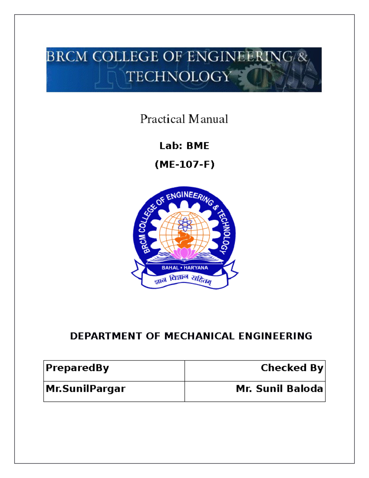 BME Lab Manual Thanks Lab BME (ME107F) DEPARTMENT OF MECHANICAL