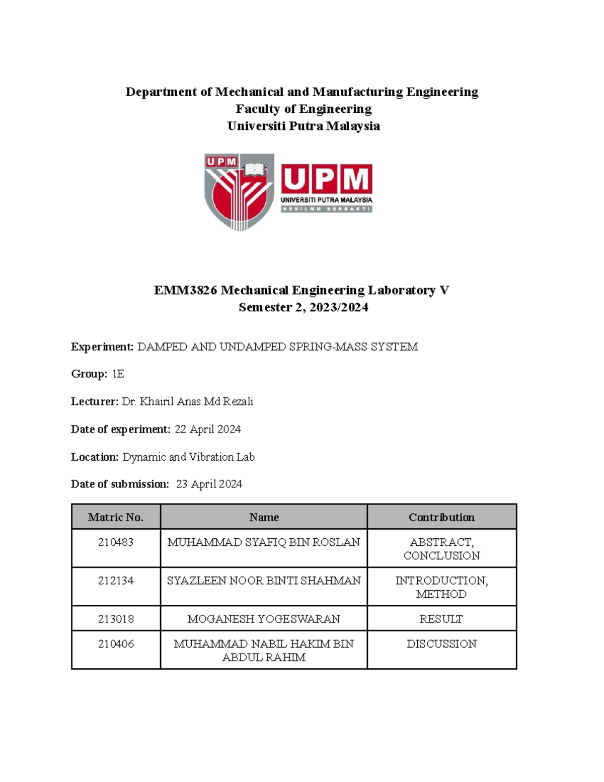 Damped AND Undamped Spring-MASS System - Department of Mechanical and ...