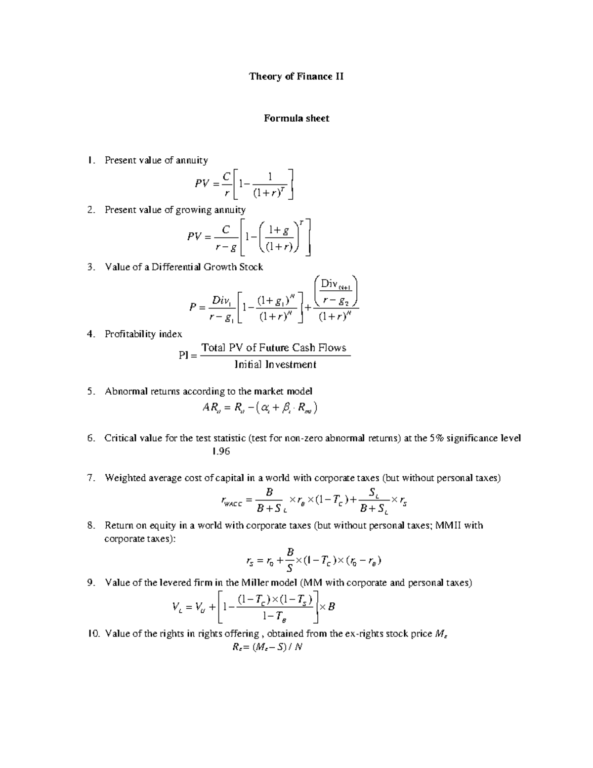 Formula Sheet for FINA 395 FINAL EXAM - Theory of Finance II Formula ...