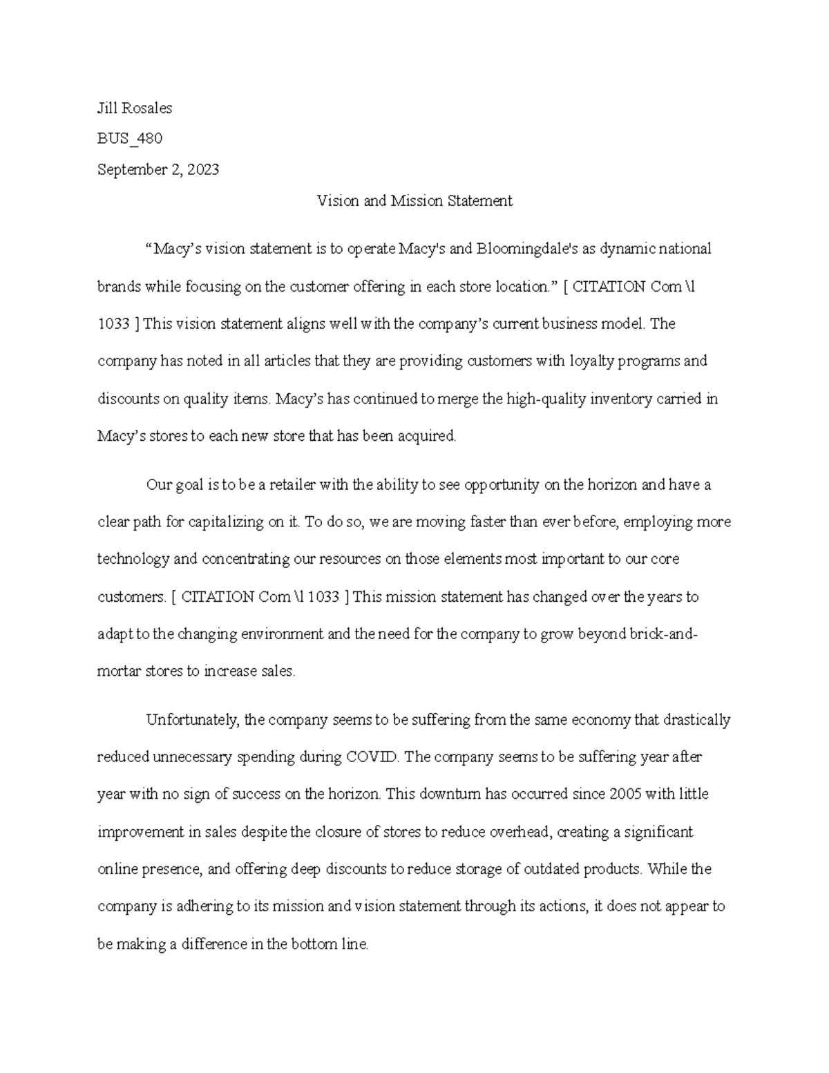 Macy's Vision and Mission Statement Jill Rosales BUS_ September 2