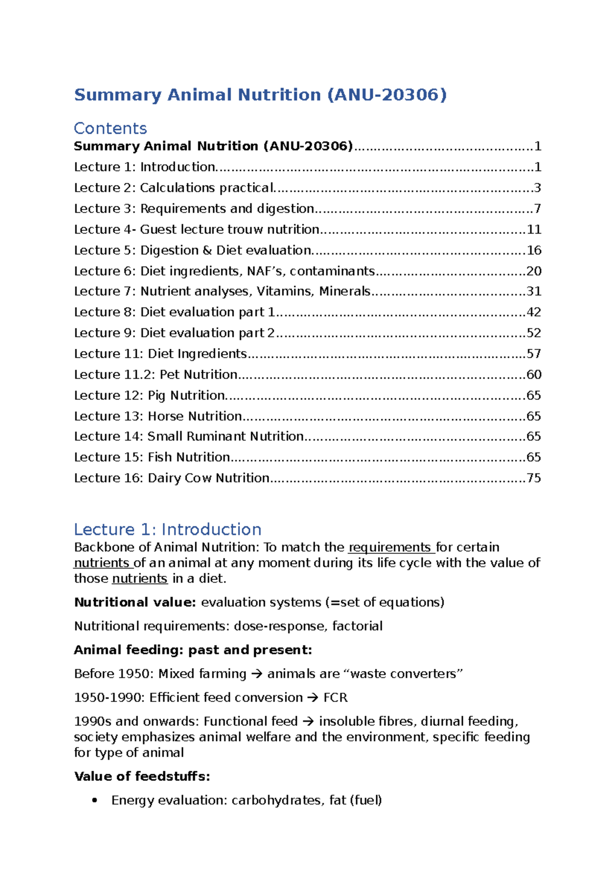 Summary Lectures Summary Animal Nutrition (ANU20306) Contents