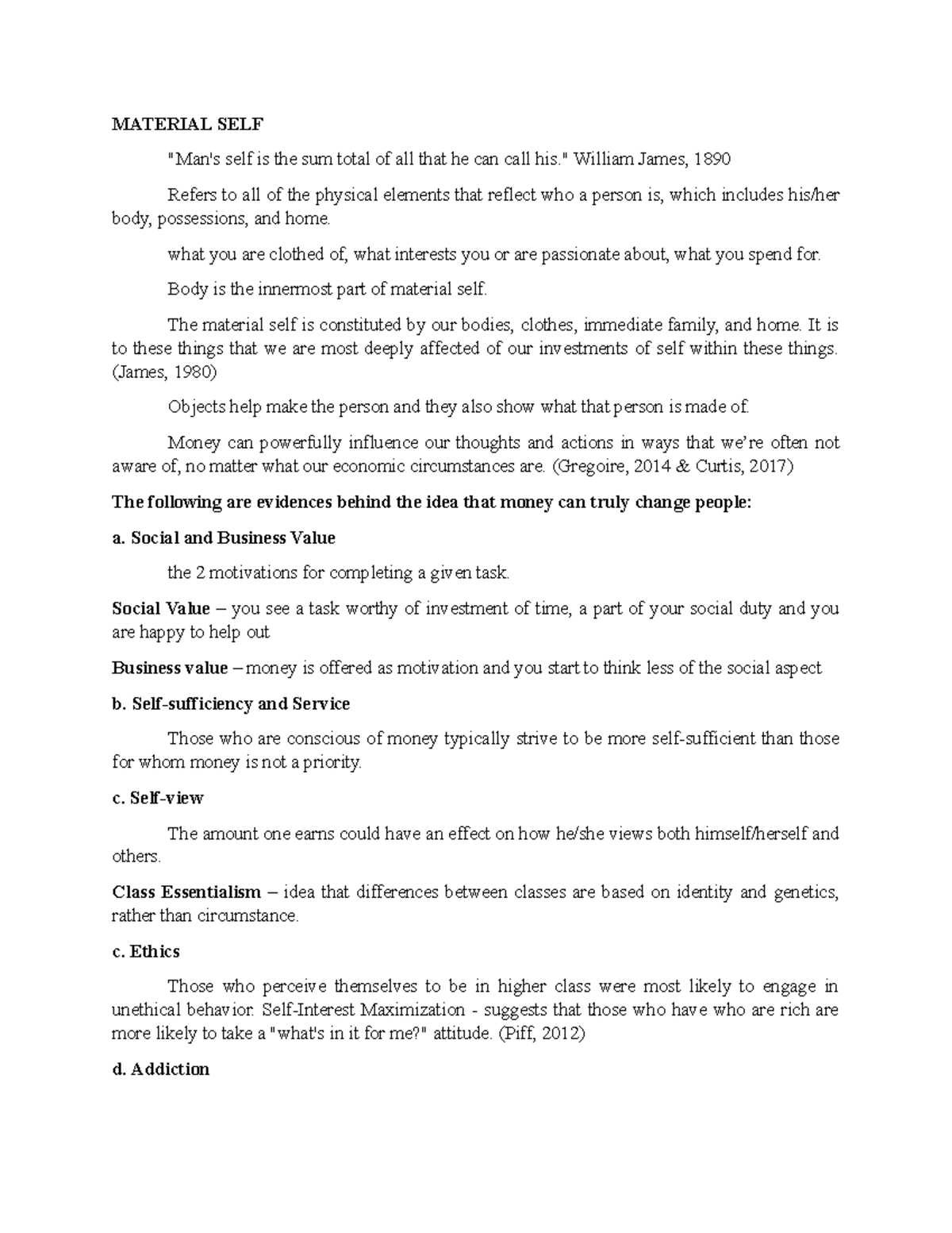 Material SELF Notes/Reviewer MATERIAL SELF "Man's self is the sum total of all that he can