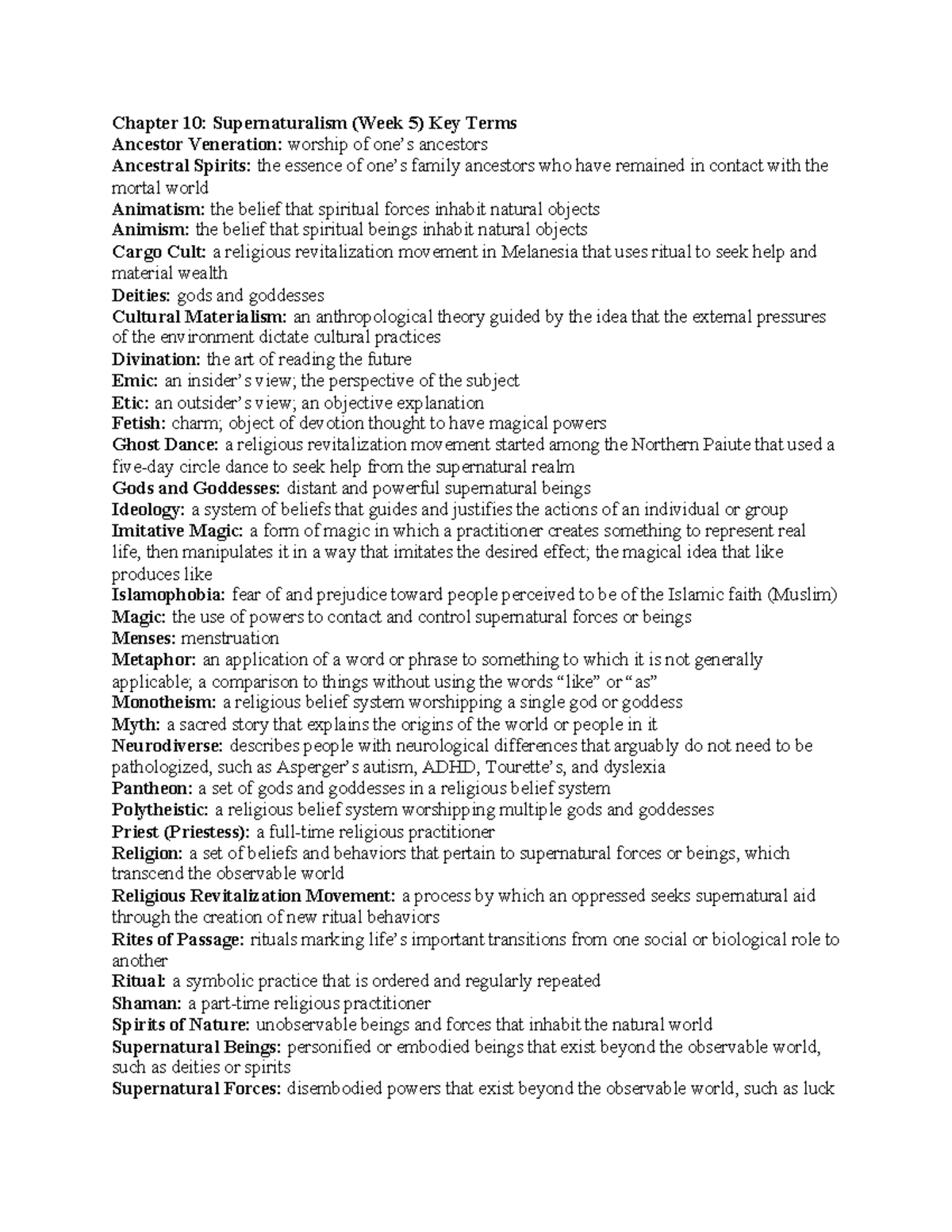 ANTH 2301 Chapter 10 Key Terms - Chapter 10: Supernaturalism (Week 5 ...