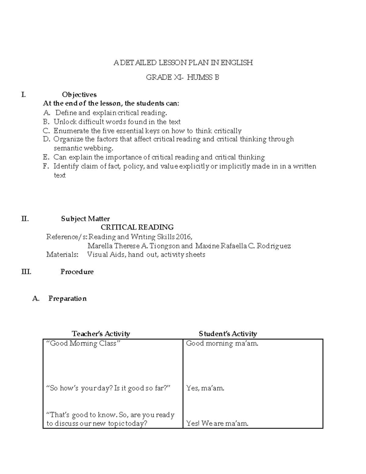 Lp1rwcriticalreading-171019192815 - A DETAILED LESSON PLAN IN ENGLISH ...